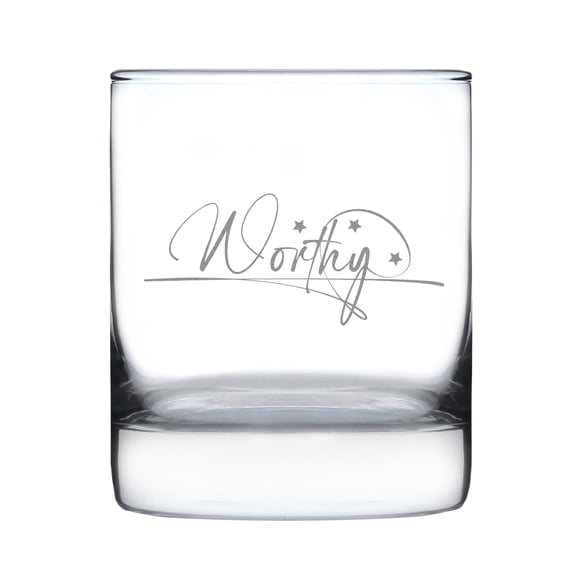Worthy Hand Engraved 10oz Rocks Glass, Etched Drinking Unique Barware , Personalized Look Glassware, Special Occasion Glass