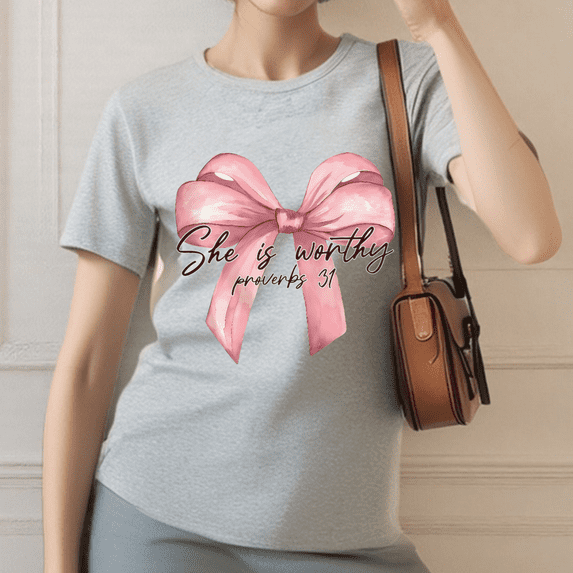 Worthy Woman Tee Christian T-Shirt Top Soft Short Sleeve Round Neck Cotton Comfort Fit Colors Gray S-3XL