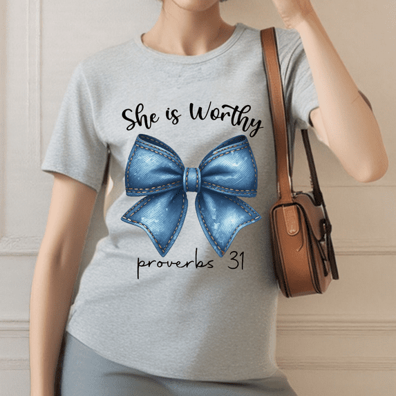 Worthy Woman Tee Christian T-Shirt Top Soft Short Sleeve Round Neck Cotton Comfort Fit Colors Gray S-3XL