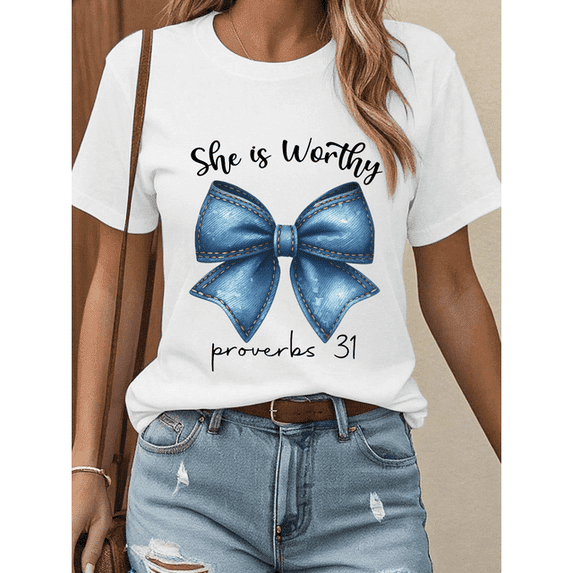 Worthy Woman Tee Christian T-Shirt Top Soft Short Sleeve Round Neck Cotton Comfort Fit Colors White Sizes S-5XL