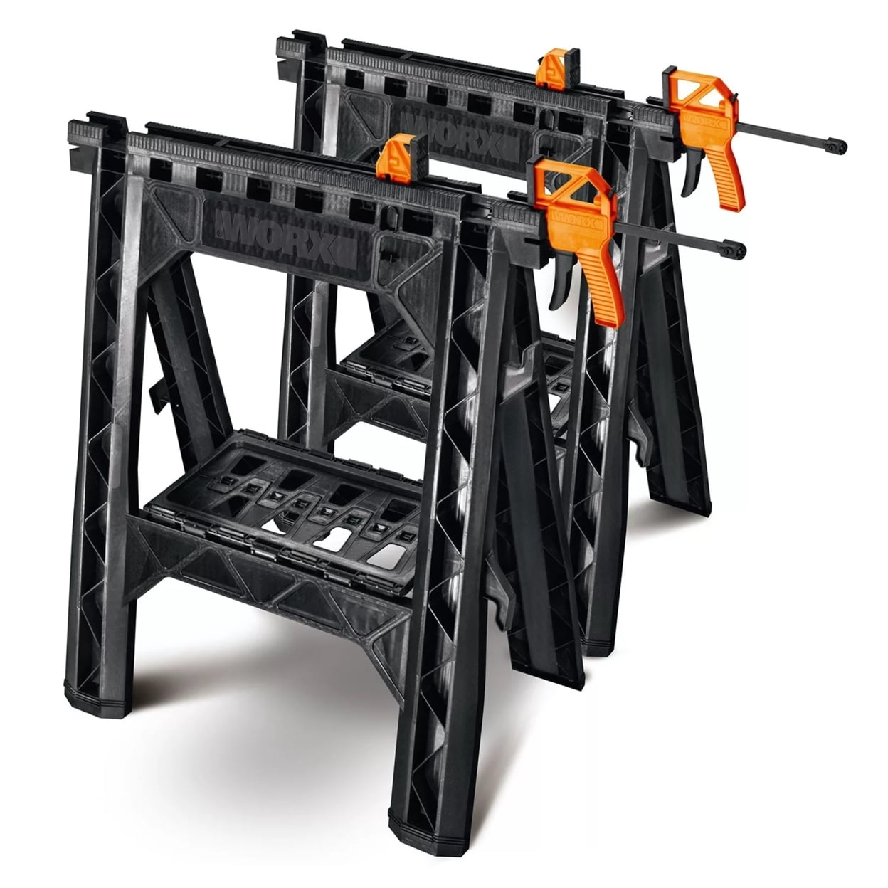 Worx Clamping Sawhorse Pair with Bar Clamps, Builtin Shelf, Cord Hooks