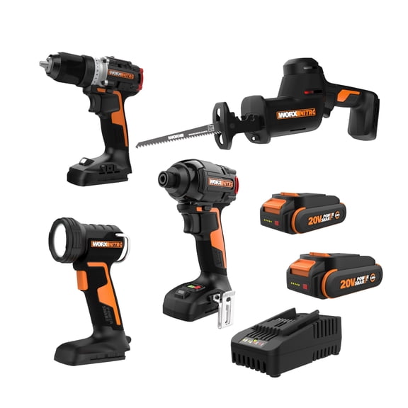 Worx Nitro WO7120 20V Impact Driver, Drill/Driver, Reciprocating Saw, and LED Work Light Combo Kit
