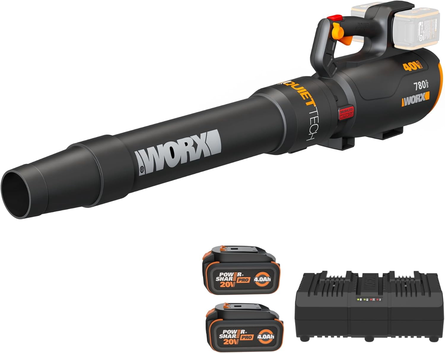 Worx WG582.9 40V 4.0Ah Cordless 780 CFM & 190 MPH QuietTech Blower