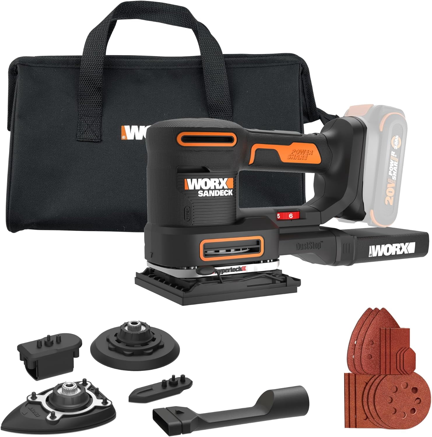 Worx 20V Cordless Multi-Sander, 5-in-1, Sanding Attachments