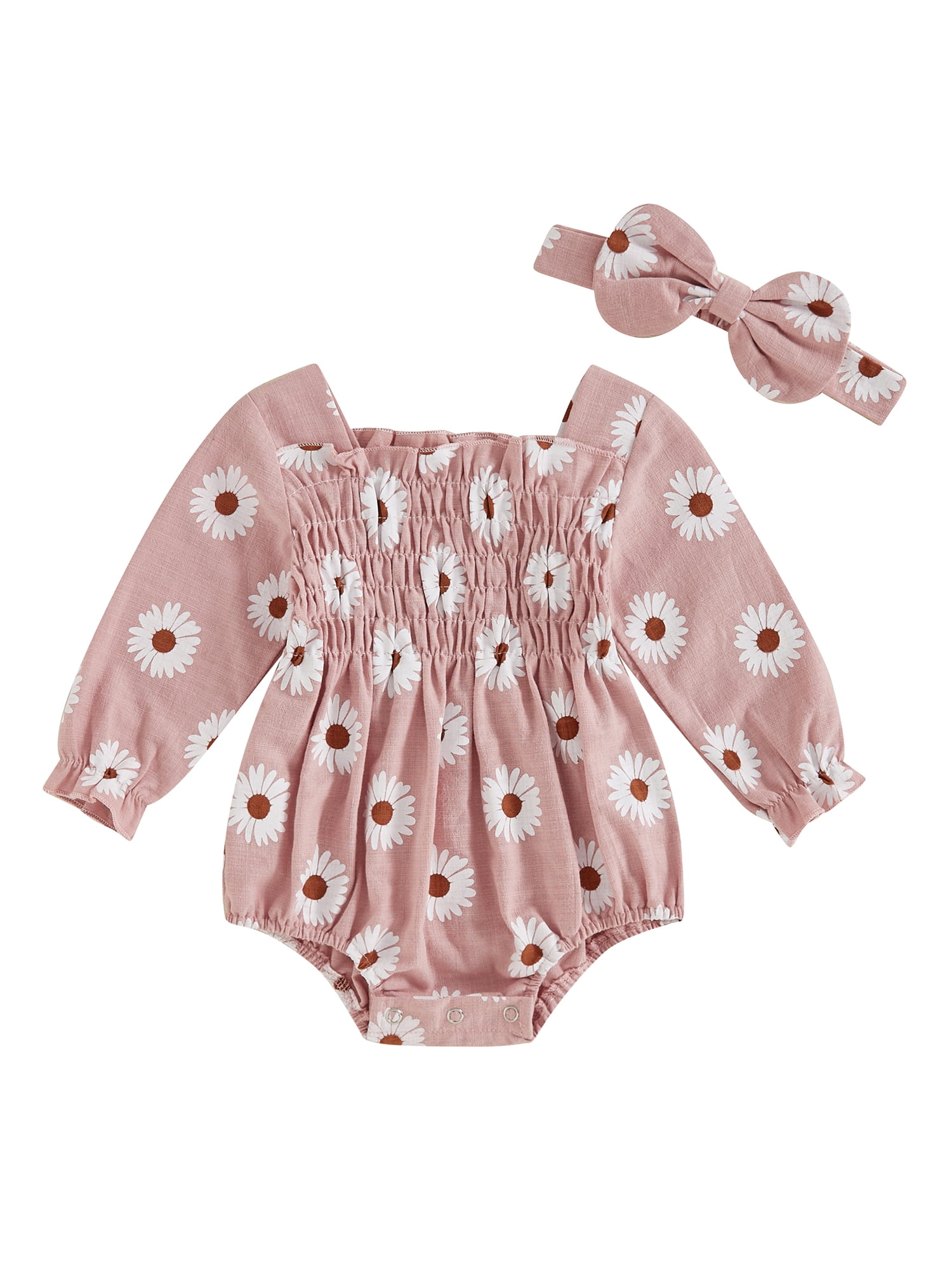 Babyhug 100% Cotton Knit Frill Sleeves Floral Printed Romper with Hairband - Pink