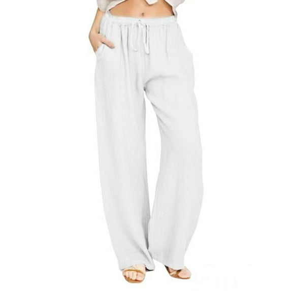 Woshilaocai Women Linen Lounge Pants Solid Color Wide Leg Baggy Trouser Loose Fit Harem Pant with Drawstring
