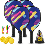 Wossspt Wood Pickleball Paddles Set of 4 with Mesh Bag, 4 Pickleballs (Indoor/Outdoor) and 2 Cricket Balls, Classic 7-Ply Basswood Wooden Pickleball Rackets with Safe Edge Guard, Cushion Grip