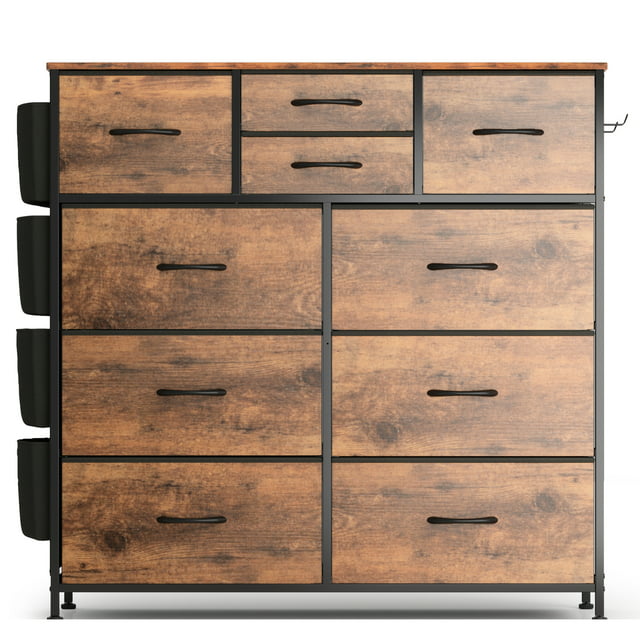 Wostoo Modern Drawer Dresser,10-Drawers Chest with Side Pockets Hooks Fabric Storage Dresser for Bedroom Living Room Brown