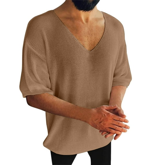 Wotryit Mens Shirts,Male Summer Casual Solid Knit T Shirt Blouse Short Sleeve V Neck Off Shoulder Sleeve Tops T Shirt,Shirts for Men,Workout Shirts for Men(Color:Brown,Size:M)