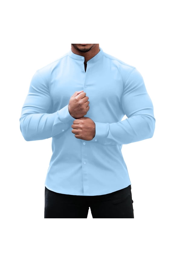 Mens Shirts Men Dress Shirts Slim Fit Stand-up Collar Long Sleeve Casual Button Down Shirt Blue M