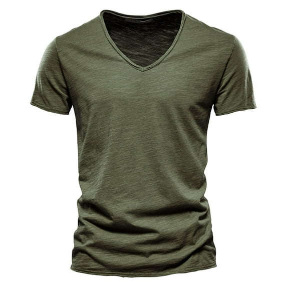 Wotryit Mens Shirts Mens Casual Solid Color Cotton V Neck Short Sleeve T Shirt Tops Army Green 3XL