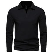 Wotryit Mens Shirts Mens Casual Solid Color Lapel Long Sleeve Base Shirt Black 3XL