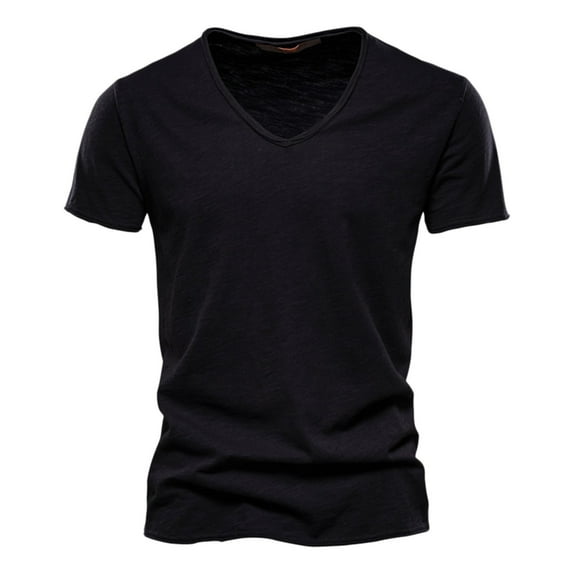 Wotryit Mens Shirts,Mens Fashion Casual Solid Color Cotton V Neck Short Sleeve T Shirt Top,Shirts for Men,Workout Shirts for Men(Color:Black,Size:2XL)