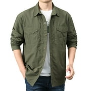 Wotryit Mens Shirts Mens Loose Cargo Shirt Outdoor Casual Cotton Shirt Solid Color Lapel Long Sleeve Jacket Army Green 3XL