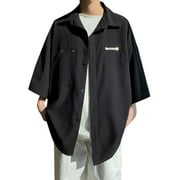 Wotryit Mens Shirts Mens Summer Solid Casual Plus Size Shirt Turn Down Collar Three Quarter Sleeves Shirt Black 2XL