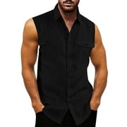 Wotryit Mens Shirts Mens Summer Tops Shirt Double Pocket Shirt Sleeveless Turn Down Collar Shirt Black 3XL