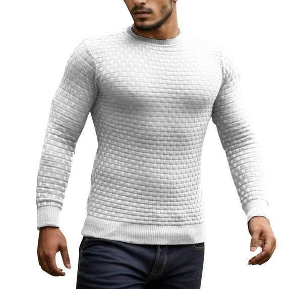 Wotryit Mens Shirts Mens T Shirt Long Sleeve Slim Fit Round Neck Pullover Jacquard Small Square Versatile Knit Shirt White 2XL