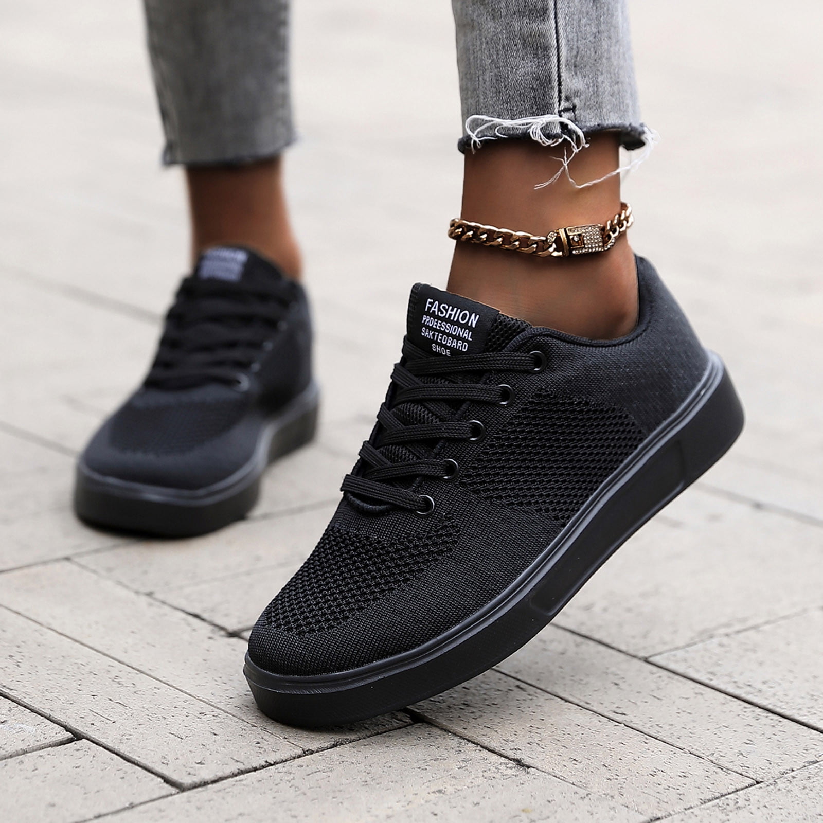 Mens Shoes Leisure Couple Men Women Four Seasons Mesh Non Flat Round Toe Breathable Lace Up Leisure Shoes,Running Shoes for Men,Shoes for Men(Color:Black,Size:7)