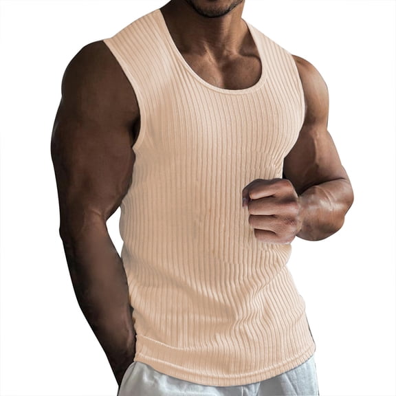 Wotryit Tank Tops Men Mens Summer Sleeveless Crew Neck Tight Sports Thread Vest Mens Tank Top Beige M