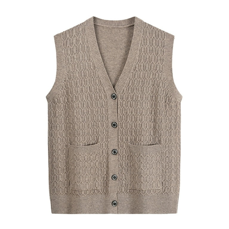 Wotryit Women V Neck Cardigan Sweater Vest Sleeveless Outerwear Knitted Single Button Down Sweater Vest Womens Sweaters Color Khaki Size One Size
