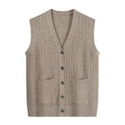 Wotryit Women V Neck Cardigan Sweater Vest Sleeveless Outerwear Knitted Single Button Down Sweater Vest Womens Sweaters (Color: Khaki,Size: One Size )