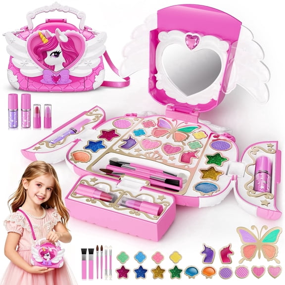 Woucmuy Kids Washable Makeup Kit for Girls, Unicorn Purse Cosmetic Set with Mirror & Shoulder Strap, Princess Toy Gift for Ages 3-12