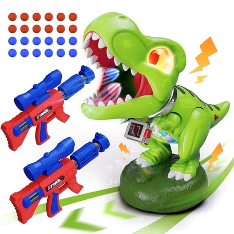 Woucmuy Movable Dinosaur Target Game Toy for Kids, 2 Foam Ball Poppers with Light, Sound & LCD Score, Interactive Scoring Game Gift for Boys Girls Ages 3-12