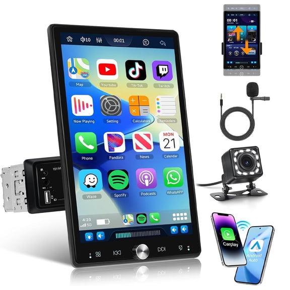 Woudy 10.4" Single Din Touch Screen Bluetooth Car Stereo with Apple/Android CarPlay and Backup Camera