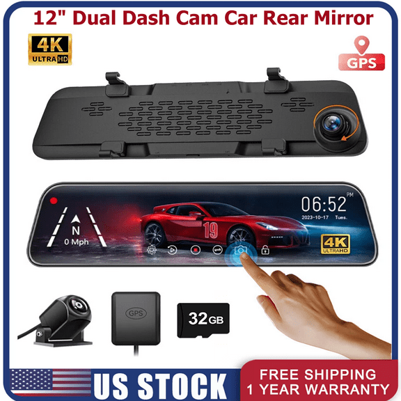 Woudy 4K 12” Dual Dash Cam Mirror Dash Cam Rear View Mirror Dash Camera Front and Rear