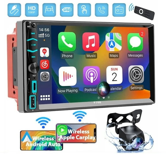 Woudy 7" Double DIN Car Stereo, Touch Screen Bluetooth FM Wireless Apple Carplay with GPS Navigation Bakcup Camera