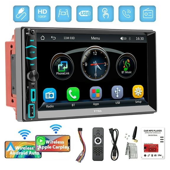Woudy 7 inch Double DIN Car Stereo, Touch Screen Bluetooth FM Wireless Apple Carplay with GPS Navigation