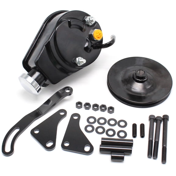Woudy Black Saginaw Power Steering Pump with Bracket and Pulley Kit, for Small Block Chevy 305 350 283-400, Long Water Pump, Keyway 5/8 Inch Shaft
