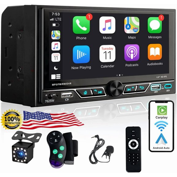 Woudy Double Din Car Stereo Bluetooth USB Radio With Carplay 6.8''Touch Back up Camera