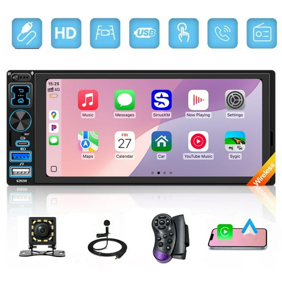 Woudy Single DIN Car Stereo 6.9" HD Touchscreen, Wireless Apple CarPlay & Android Auto, Bluetooth, Backup Camera Included, USB/Type-C, Steering Wheel Control