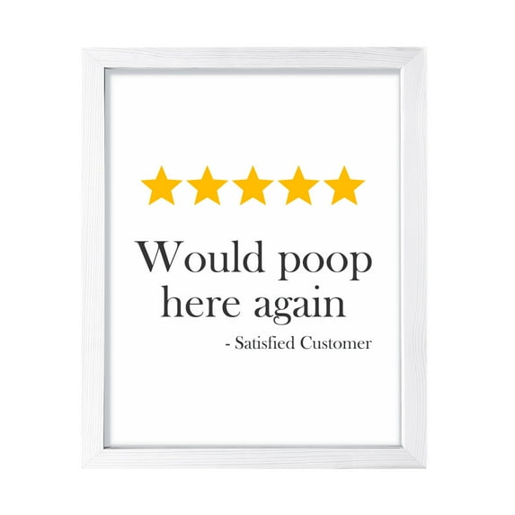 Would Poop Here Again, 8 x 10 White FRAMED Print Bathroom Wall Art