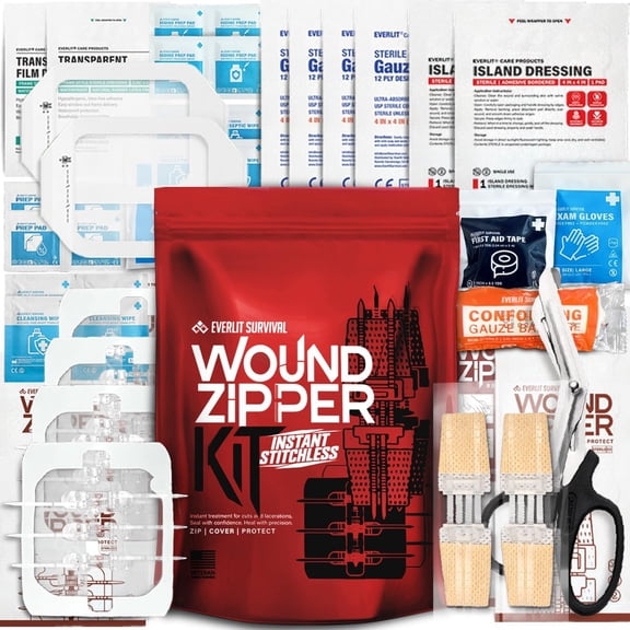 Wound Closure Kit | Surgical Zipper Suturing Device for Cuts and Tears | Sterile, Sutureless, Needle-Free Butterfly Bandages for Emergency First Aid Wound Care (6 Zipper Complete Kit)