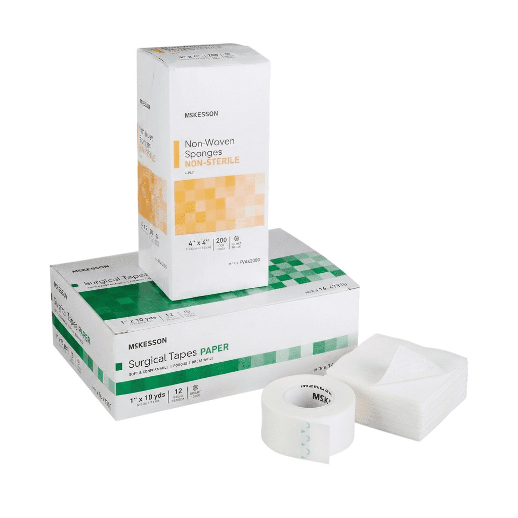 Wound Dressing Kit Bundle – McKesson Gauze 4x4 12-Ply x2 - 200pc. + Medical Adhesive Tape 1" x 10 yd (3 Items)
