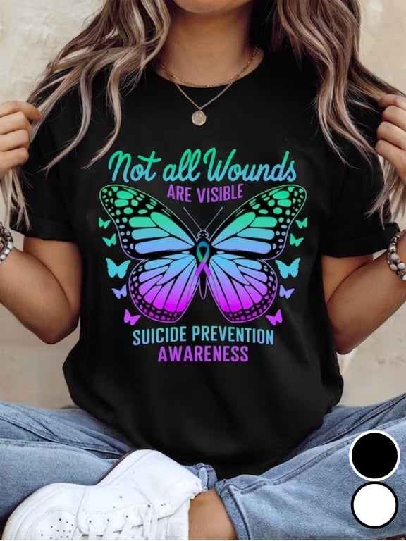 Not All Wounds Are Visible Suicide Prevention Awareness Butterfly Graphic Tee for Men Women, Mental Health Support Short Sleeve T-Shirt, Casual Crew Neck Top for Advocate Gift