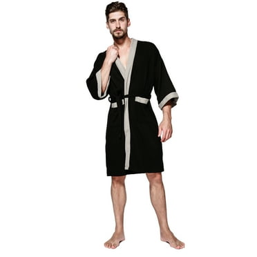 Woungzha Men's Waffle Kimono Robe Cotton Lightweight Nightgowns Spa Terry Cloth Bathrobe Sleepwear with Pockets