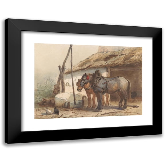 Wouterus Verschuur 24x18 Black Modern Framed Museum Art Print Titled - Two Horses Standing in Front of a Stable (1851 - 1936)