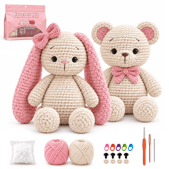 WovWov Crochet Kit for Beginners, 2Pcs Rabbit & Bear Beginners DIY Knitting Kits – Includes Step-by-Step Video Tutorials and Extra Yarn, all accessories
