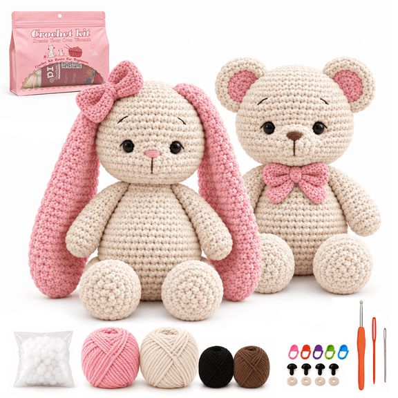 WovWov Crochet Kit for Beginners, 2Pcs Rabbit & Bear Beginners DIY Knitting Kits – Includes Step-by-Step Video Tutorials and Extra Yarn, all accessories