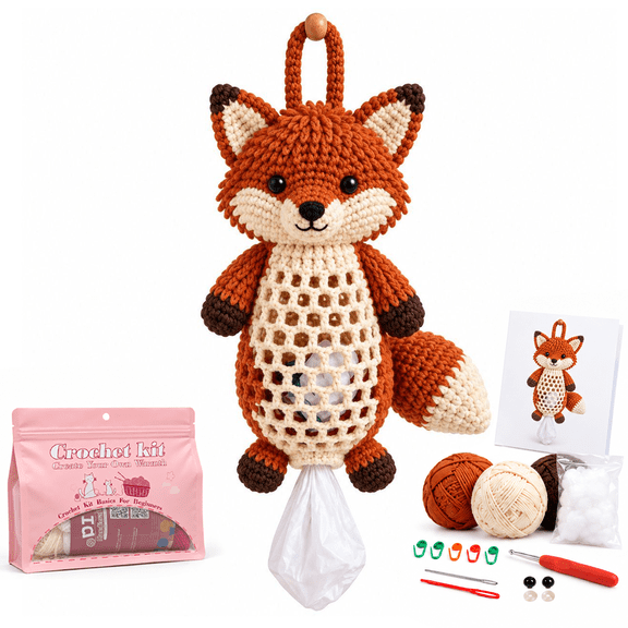 WovWov Crochet Kit for Beginners, Kitchen Storage DIY Crochet Kits Fox Storage Bag Beginners Crochet Kit – Extra 35% Yarn, all Accessories Includes Step-by-Step Video Tutorials
