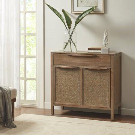 Woven Accent Cabinet - Solid Wood, Cane Front, Hidden Lock, Reclaimed Biscuit Finish, Alluring And Functional 2 Door Chest With Wood Webbing Front Panels, Smart Storage Option