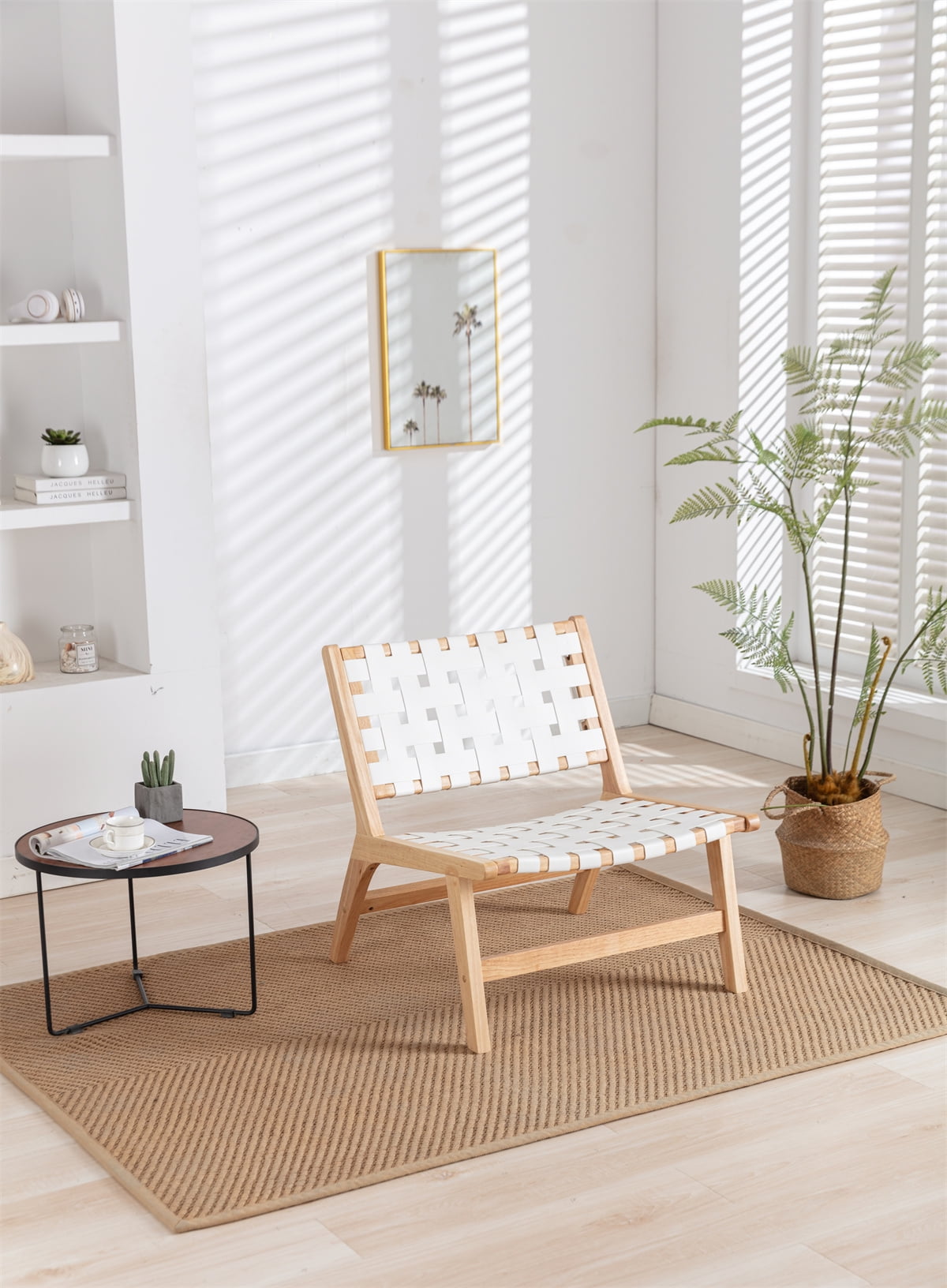 Woven Accent Chair, Large Midcentury Modern Boho Faux Leather Chair