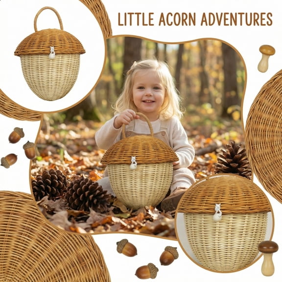 Woven Acorn Basket with Lid, Decorative Boho Rattan Purse for Outings, Handcrafted Nut Shaped Container with Texture, Minimalist Wicker Storage Box for Nursery and Bedroom