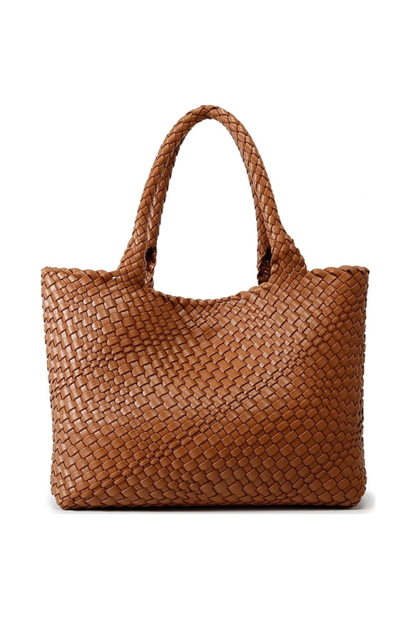 Woven Bag for Women, Fashion Top Handle Shoulder Bag Vegan Leather Shopper Bag Large Travel Tote Bag
