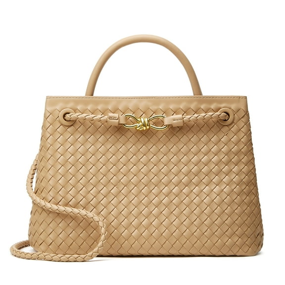 Woven Bag for Women Shoulder Purse: Vegan Leather Handbag - Handmade Tote Bag - Elegant Satchel Bag with Bowknot (Apricot, Large)