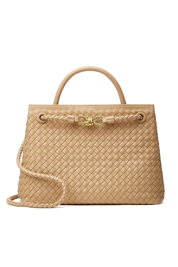 Woven Bag for Women Shoulder Purse: Vegan Leather Handbag - Handmade Tote Bag - Elegant Satchel Bag with Bowknot (Apricot, Large)