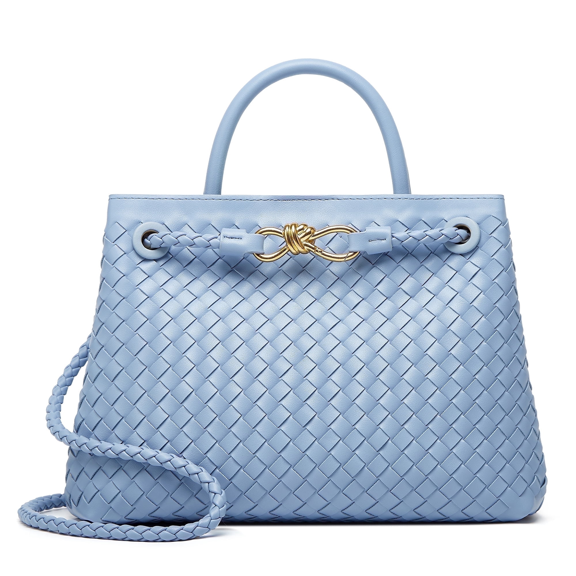 Woven Bag for Women Shoulder Purse: Vegan Leather Handbag - Handmade Tote Bag - Elegant Satchel Bag with Bowknot (Blue Color)